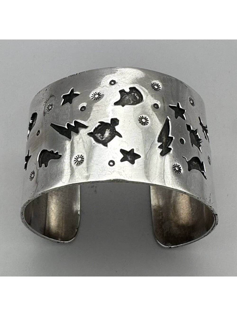 Navajo Andy Marion Cuff Bracelet Sterling Silver Signed Native American Symbols